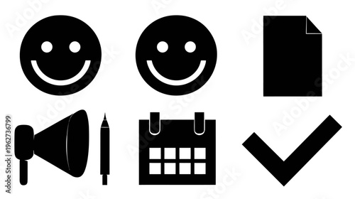 Communication and Planning Vector Icon Set: Happy Face, Document, Megaphone, Pen, Calendar, Checkmark Silhouettes