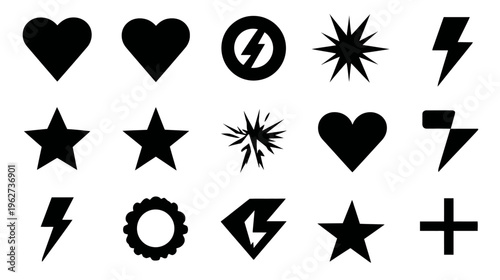 Collection of black vector shapes and icons including hearts, stars, lightning bolts, and abstract geometric elements, ideal for graphic design.