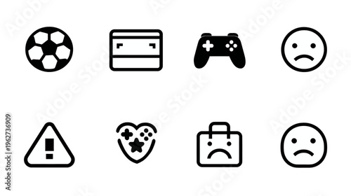 Set of diverse vector outline icons: soccer ball, game controller, credit card, sad emoji, warning, gaming heart, sad briefcase
