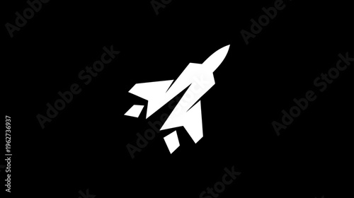Geometric white fighter jet icon flying upwards on a black background, symbolizing speed, power, and military aviation.