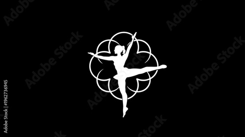 White silhouette of a graceful ballet dancer in an elegant pose, framed by an abstract floral design on a black background.
