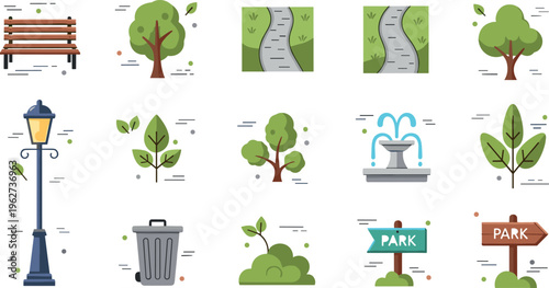 City park elements vector set with bench trees fountain street lamp trash bin signs and urban nature illustration