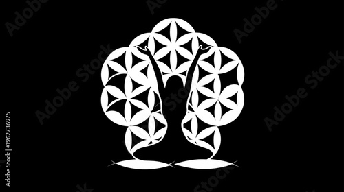 Meditating Woman Silhouette in Yoga Pose with Sacred Geometry Flower of Life Pattern, Holistic Wellness and Spiritual Balance