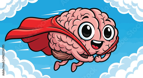 Cartoon brain superhero in flight.