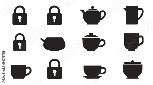 Black silhouette icons set with padlocks, teapots, coffee cups, and various drinkware. Simple graphic elements on white.