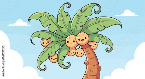 Cartoon palm tree with smiling coconuts.