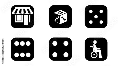 Collection of diverse black and white flat design icons: retail store, casino dice, and accessibility symbol set