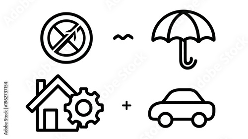 Home and Car Insurance Concept Icons. Protection, Risk Management, Property Maintenance, and Vehicle Services Line Art.