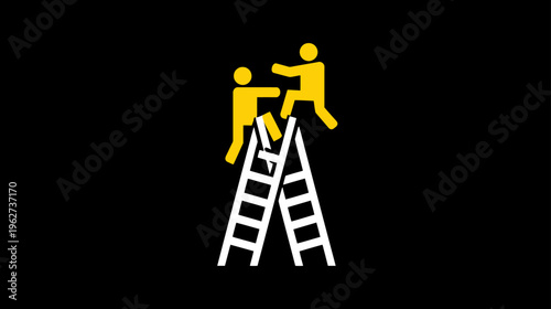Minimalist graphic icon of two stick figures on a ladder, one helping the other climb, symbolizing teamwork, support, and success.