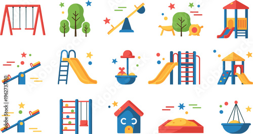 Playground equipment vector set with swings slides seesaw climbing frame sandbox and kids park play elements collection