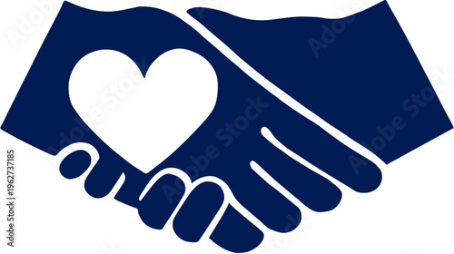 Abstract icon of two hands shaking with a heart, symbolizing partnership, care, support, unity, and friendship.