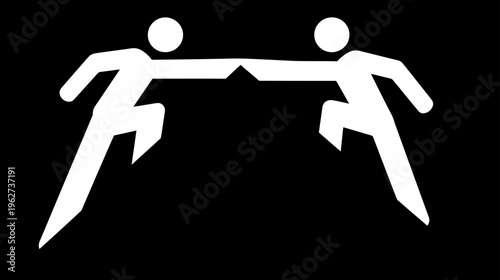 Abstract graphic of two white stick figures connecting, symbolizing teamwork, partnership, competition, and human interaction on black.