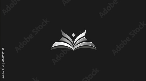 Abstract silver open book icon with a shining star, symbolizing knowledge, wisdom, education, learning, and success against a dark background.