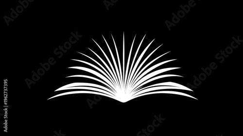 Minimalist white open book silhouette with fanned pages on a black background, symbolizing education, knowledge, and learning.