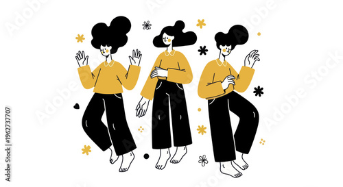 Three women with dark hair and yellow tops dancing and having fun.