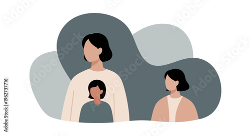 Three women with short dark hair, one adult and two children, standing together.