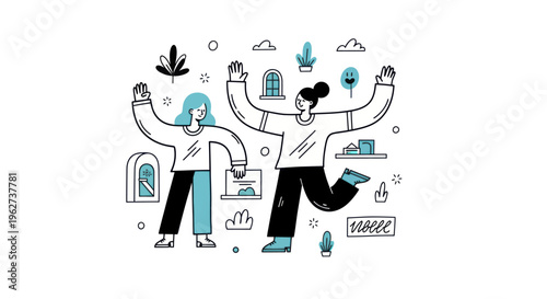 Two joyful people celebrating success and freedom with raised arms.