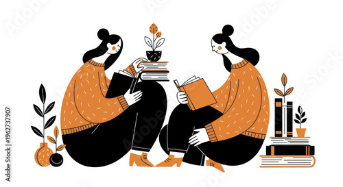 Two women reading books surrounded by plants and stacked books.