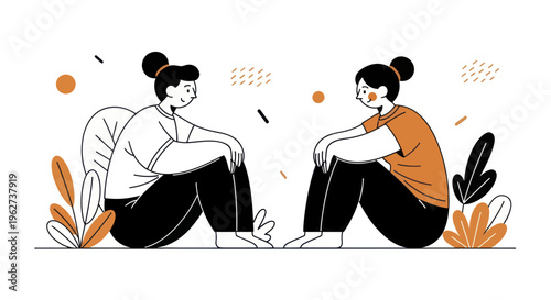 Two women sitting on the floor, facing each other, engaged in conversation or deep thought.