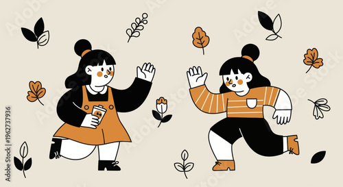 Two young women with dark hair in buns, one in an orange dress and the other in a striped shirt, waving.