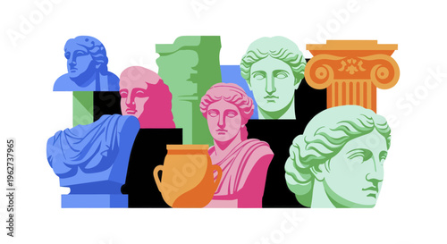 Vibrant collection of classical busts and ancient artifacts in modern pop art style.