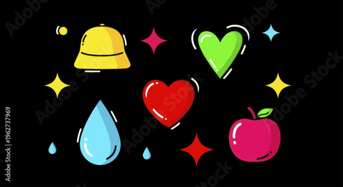 Vibrant collection of hand-drawn icons featuring a bell, hearts, water drop, and apple with sparkling accents.