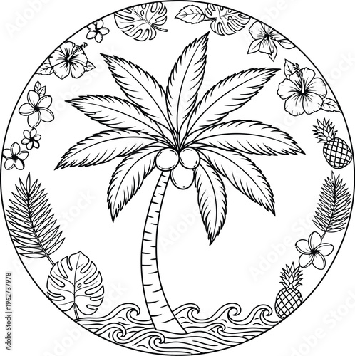 Palm tree with tropical leaves flowers.