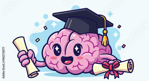 Pink brain cartoon with graduation cap.