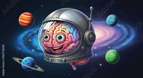 Smiling pink brain in space helmet.