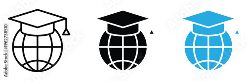 Graduation cap on globe icons set for education and learning concepts,Global Education Graduation Icon - International Academic Achievement, University Student Success, and Worldwide Learning Symbol. 