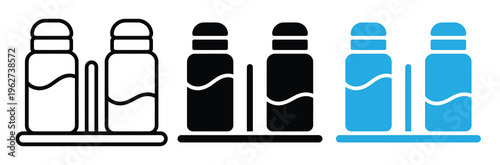 Vector icons of various thermos bottle designs in black and blue colors for infographics and presentations