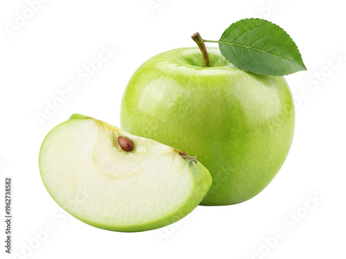 Fresh Green Apple with Slice and Leaf Isolated on Transparent Background