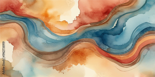 Abstract watercolor hand painted background with colorful flowing wave shapes in blue and yellow creating a soft artistic texture design