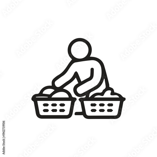 Minimalist Line Art Icon Of A Person Sorting Laundry Into Baskets