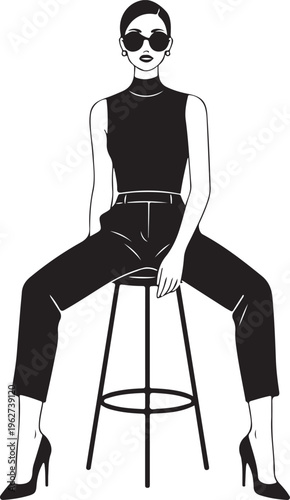 Lady Sitting on Stool Silhouette Elegant Woman Pose Vector Illustration