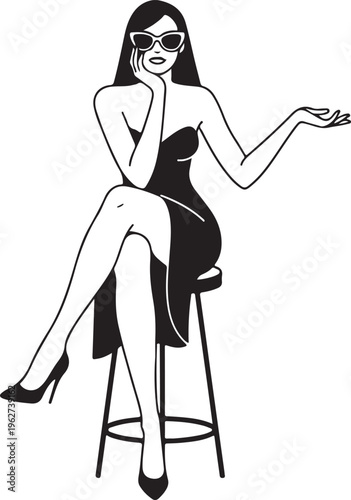 Lady Sitting on Stool Silhouette Elegant Woman Pose Vector Illustration