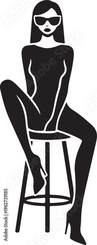 Lady Sitting on Stool Silhouette Elegant Woman Pose Vector Illustration