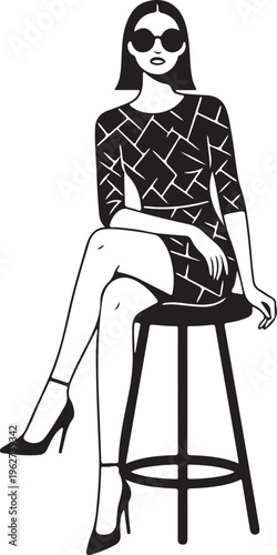 Lady Sitting on Stool Silhouette Elegant Woman Pose Vector Illustration