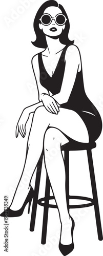 Lady Sitting on Stool Silhouette Elegant Woman Pose Vector Illustration