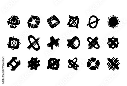 Creative abstract geometric symbol collection with artistic black shapes in dynamic grid layout isolated on white