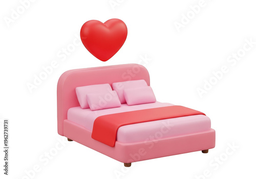 3d icon of a cute pink bed with pillows and a red blanket, isolated on transparent background