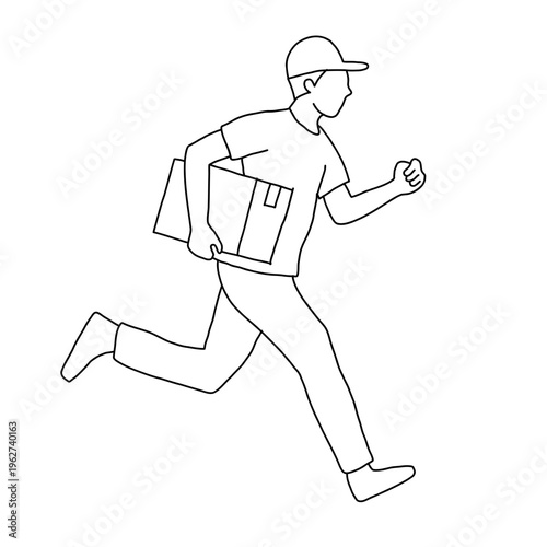 Line art illustration of a delivery person running quickly while holding a package, depicted in a simple black and white style.