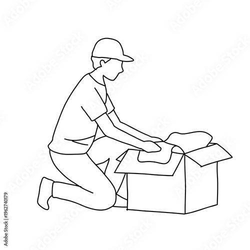 Schilderij op canvas Line drawing of a person kneeling and carefully packing items into a cardboard box, depicting moving or organizing household belongings