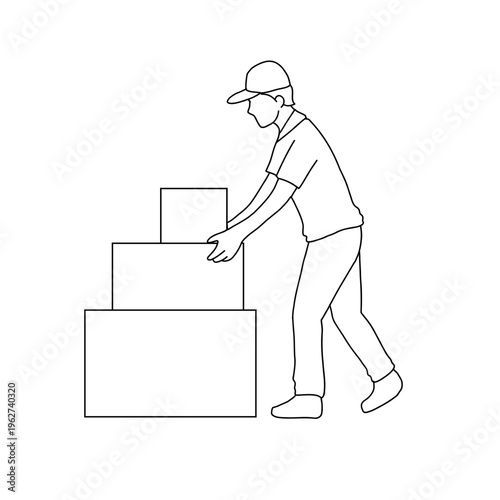 A line drawing of a person in a cap and t-shirt stacking or moving a pile of three rectangular boxes.