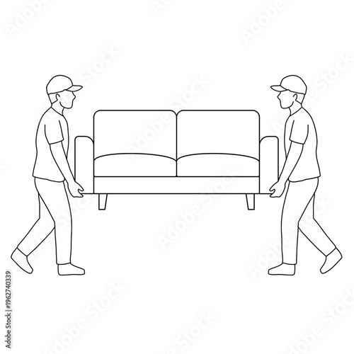 Two men in caps and t-shirts carrying a two-seater sofa, depicting furniture moving or delivery service.