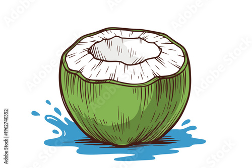 Fresh Green Coconut Illustration with Water Splash