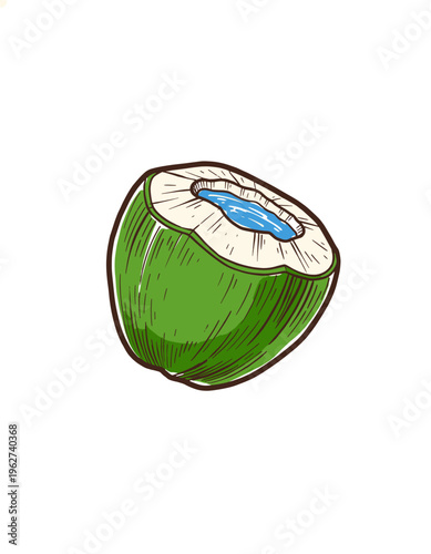 Fresh open green coconut with coconut water illustration