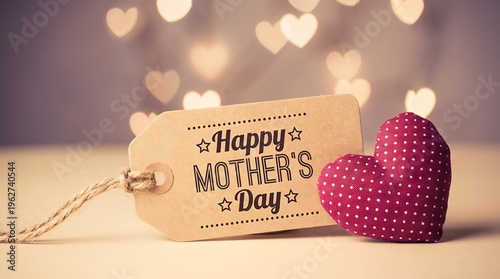 A craft gift tag saying Happy Mother's Day rests beside a small fabric heart with polka dots against a bokeh background mothers day love celebration holiday sentiment greeting