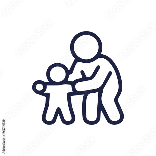 Parent Guiding A Small Child Learning To Walk First Steps Line Icon