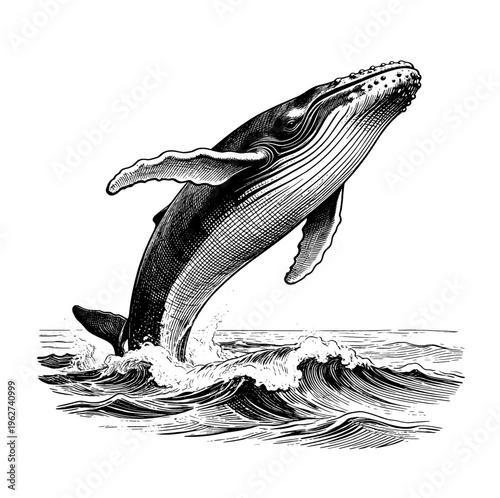 Antique humpback whale breaching ocean waves etching illustration